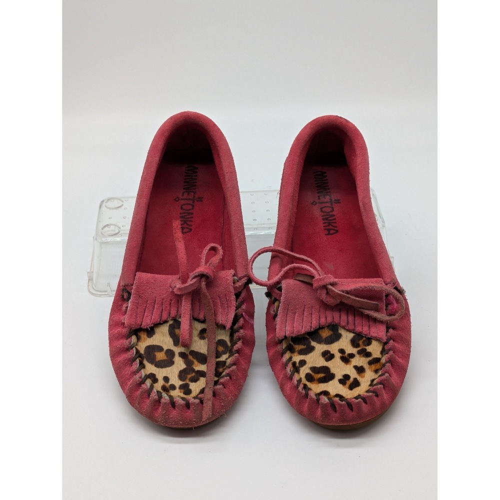 Minnetonka Girls Moccasins Size 1 Pink Suede Leopard Print Fringe Shoes